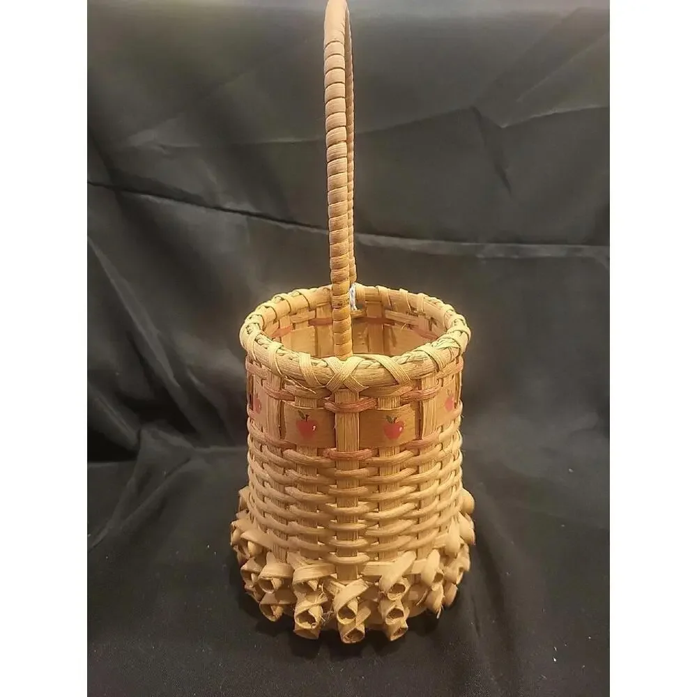 Vintage 1987 Hand Made Basket By L STREVIG ROUND WITH HANDLE With Apples
